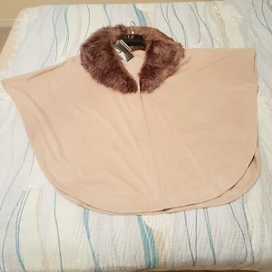 NWT Adrienne Landau Faux Fur Trim Removable Collar Cape Poncho Beige Brown XL/1X - Picture 1 of 17