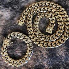 Men's 18mm 14k Gold Plated Stainless Steel Miami Cuban Link Bracelet Chain Set