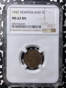 Lote de centavos pequeños de Terranova 1942 NGC MS62BN #A9873 ¡Bonito sin circular! - Imagen 1 de 3