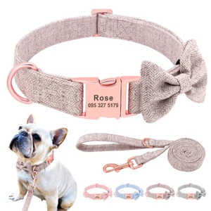 Tweed Custom Dog Collar and Lead with Bow Tie Personalised Pet Name Number ID - Picture 1 of 28