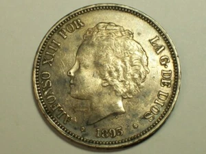 Silver 1893 PG-L Spain 5 Pesetas KM#700 XF SN5452 - Picture 1 of 3