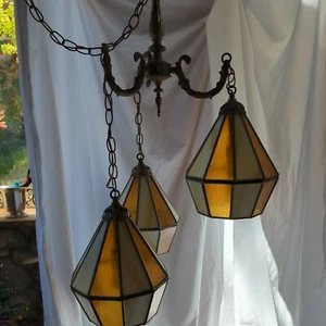 Vintage Bernstein Karamell Schlacke Swag Lampe groß 3 Lampen - Bild 1 von 9