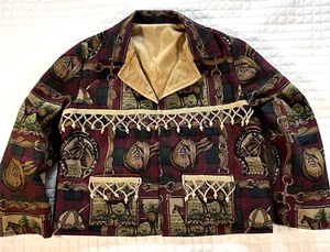 Equestrian Tapestry Open Jacket Horses Riding Derby Homemade Fringe Boho XL - Bild 1 von 14