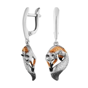 Ohrringe Hänger 925 Silber Emaille Fuchs Kreolen Echtschmuck - Picture 1 of 3