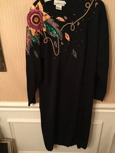 Vintage Germaine Astor 80s Black Sweater Dress Yellow Pink Floral Green Beaded L - Picture 1 of 4