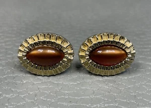 Vintage Brown Lucite Fluted Border Yellow Gold Plated Cuff Links - Picture 1 of 3