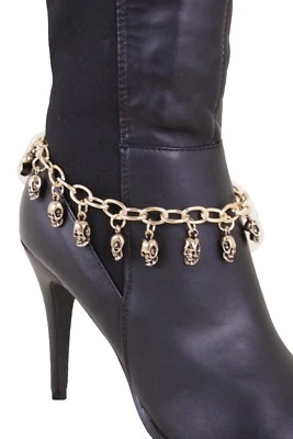 Women Gold Metal Chain Boot Bracelet Shoe Charm Bling Halloween Skeleton Skulls Foto 1 de 4