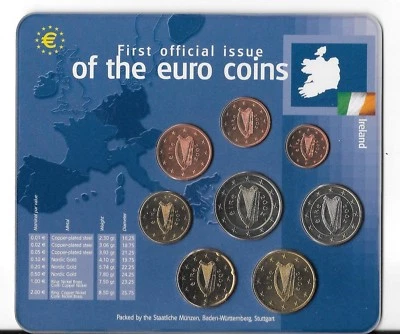 JUEGO EURO IRLANDA 1 CÉNTIMO - 2 EUROS 2002 UNC Euro Primera Emisión Oficial, Precintado. B6 Foto 1 de 2