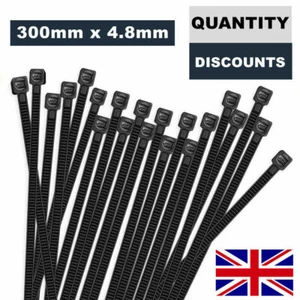 100 x CORBATAS DE CABLE DE PLÁSTICO NAILON FUERTES 4,8 MM X 300 MM NEGRO RESISTENTE REINO UNIDO - Imagen 1 de 1