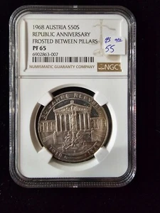 1968 Austria Silver 50 Shilling Coin Frosted Between Pillars - NGC PF 65 - Picture 1 of 2