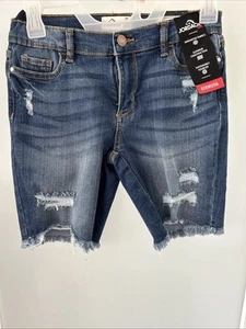 JORDACHE GIRLS BERMUDA SHORTS SIZE 12 ADJUSTBLE WAIST DARK WASH RAW HEM NWT - Picture 1 of 11