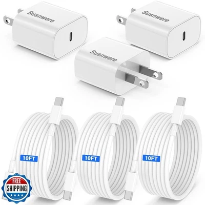 3-Pack 20w USB C Charger for iPhone 17 Air/16/15/Pro Max with Long 10ft USB C - Image 1 of 4