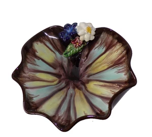 Vintage Hand Made Austria Drip Glaze Majolica Pottery Bowl Dish 3D Flowers - Picture 1 of 24