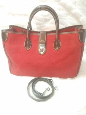Bolso de Mano Dooney & Bourke Doble Asa Lona Roja con Borde de Cuero Marrón ¡Bonito! Foto 1 de 4