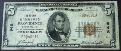 1929 $5 The Phenix National Bank Of Providence Rhode Island F004691A - Image 1 of 4