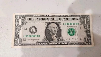 5 Of A Kind (93888889) TRINARY $1 One Dollar Bill Fancy Serial Number  - Image 1 of 2