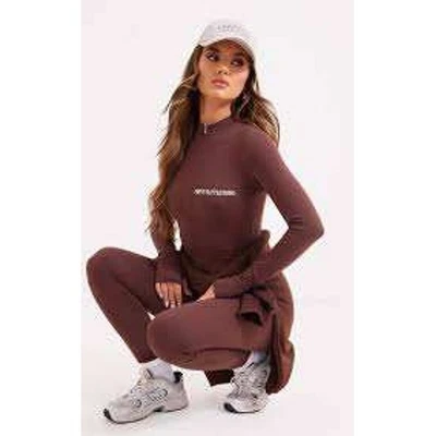 PRETTYLITTLETHING Chocolate Embroidered Zip Front Catsuit Jumpsuit 8 Loungewear - Image 1 of 4