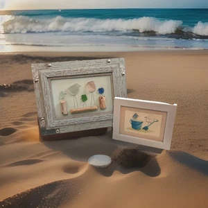 Pair Of Handmade Coastal Sea Glass Art, Beach Glass Driftwood Watercolor Framed - Picture 1 of 7