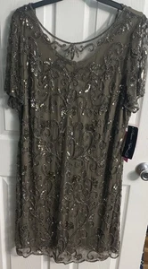 PISARRO NIGHTS Women Sz 22W Fully Beaded Short Sleeve Mocha Cocktail Dress NWT - Picture 1 of 20