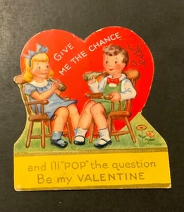 VTG DieCut Embossed Valentine Card Boy Girl Give Me The Chance & I’ll Pop The ? - Picture 1 of 2