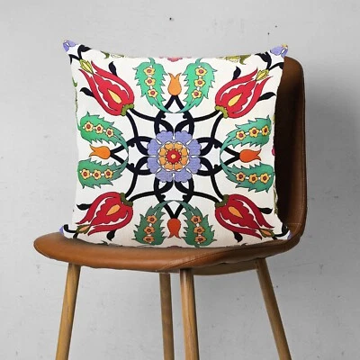 Tulip Tile Pattern Ethnic Throw Case|Turkish Gobelin Tapestry Design Pillow Top - Image 1 of 3