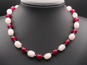 GOLDJUNGE69 GJH * TOLLE DAMEN HALSKETTE ROSENQUARZ &ACHAT (beh) ROSA & ROT - Bild 1 von 3
