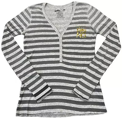 Billabong Shirt Womens Medium Black Gray Striped Henley Surf Long Sleeve Ladies - Image 1 of 4