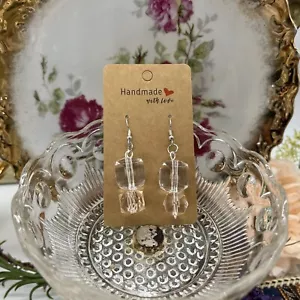 Champaign Pink And Clear Faceted Square Dangle Earrings Handmade #44 - Picture 1 of 3