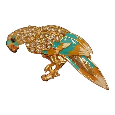 Broche de loro pin verde azulado y bronceado esmalte pájaro estrás ojo periquito tono dorado Foto 1 de 3