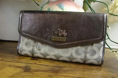 Coach Canvas Silver & Gray Metallic Tri Fold Envelope Card Bill Zip Coin Wallet - Image 1 of 4