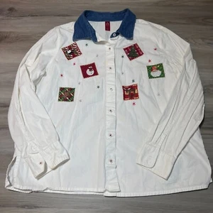 Vintage Christmas Button Front Shirt Women's XL White Denim Collar Long Sleeve - Picture 1 of 5
