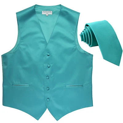 New Men's Formal Tuxedo Vest Waistcoat_2.5" skinny Necktie solid aqua blue prom - Image 1 of 4