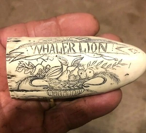 SCRIMSHAW RESIN REPRODUCTION SPERM WHALE TOOTH  " THE SHIP LION" - Picture 1 of 5