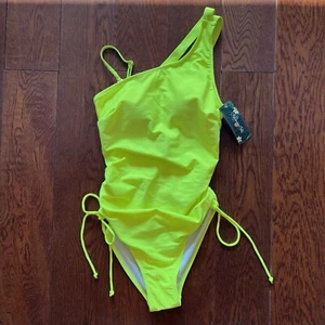 Blooming Jelly Neon Yellow Swimsuit One Piece Sz M One Shoulder NWT Retro Travel - Picture 1 of 15