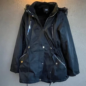 Giacca da neve invernale taglie forti 2X nera donna staccabile cappuccio pelliccia sintetica cappotto zip intera - Foto 1 di 15