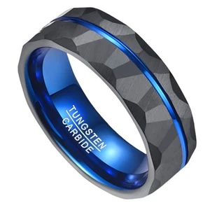 Black Blue Rings Mens 8mm Black Hammered Tungsten Carbide Promise Ring Blue T... - Picture 1 of 7