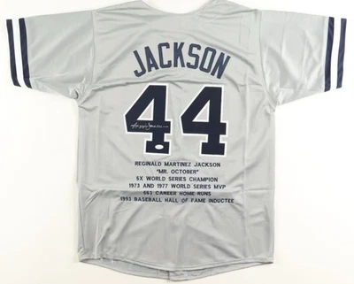 Reggie Jackson SIGNED #44 New York Yankees size XL gray stats jersey (JSA COA) - Image 1 of 3