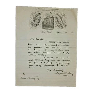 Carta de teatro de la Quinta Avenida Augustin Daly ALS de 1876 al historiador B.J. Pérdida - Imagen 1 de 2