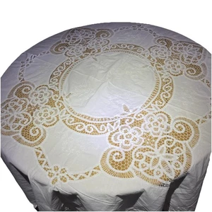 VTG Hand Embroidered Crocheted Lace Floral round white Tablecloth frm  germany - Picture 1 of 5