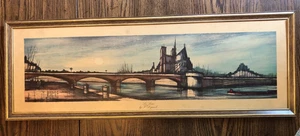 Vintage Depresle Artist La Seine painting framed 8x23" river bridge & Notre Dame - Picture 1 of 9