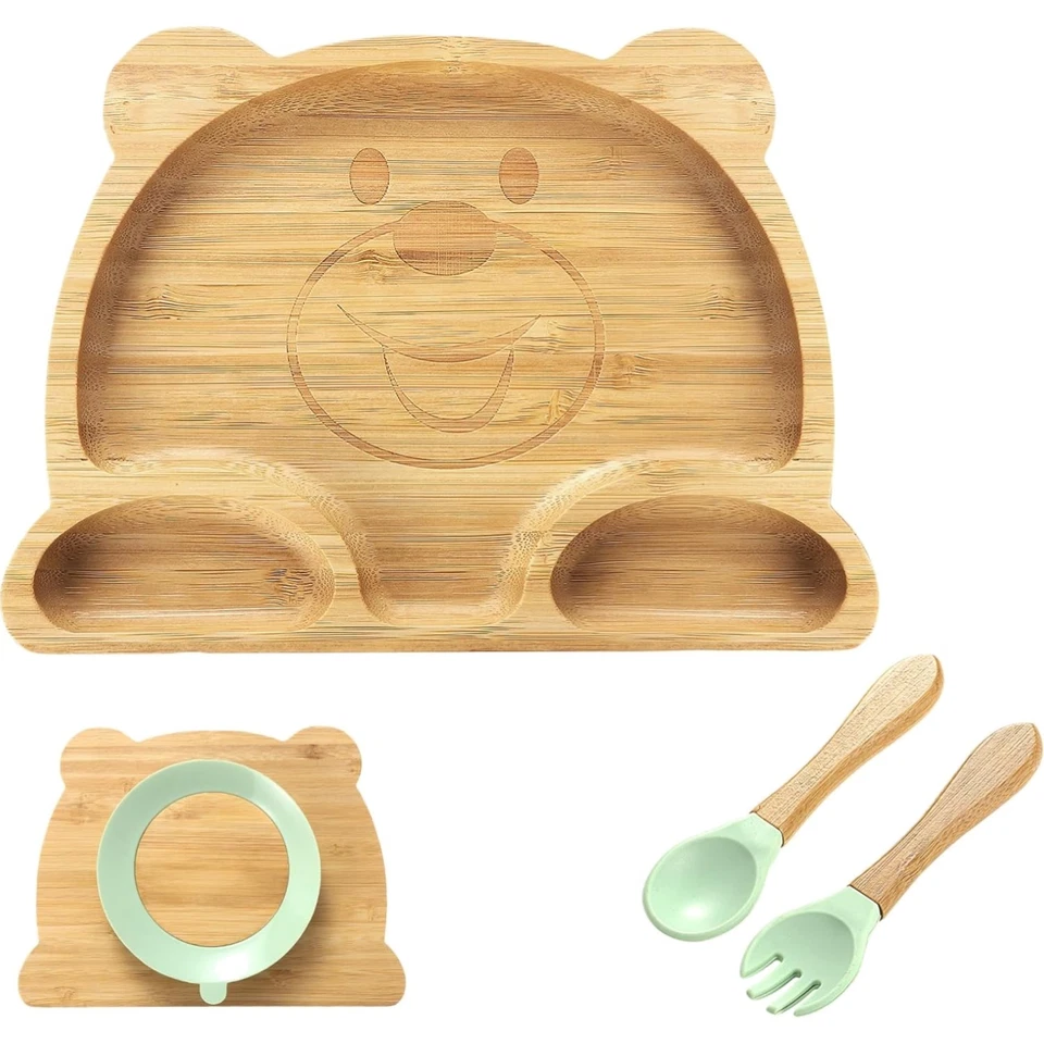 Baby Geschirrset Bambus, Saugnapf, Babyteller mit Löffel Gabel, Tiermuster - Bild 1 von 4