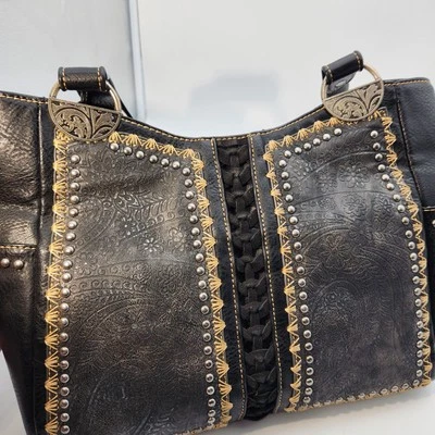 Montana West Ladies Handbag Black Brown Embossed Studs Conchos Embroidered  - Image 1 of 4