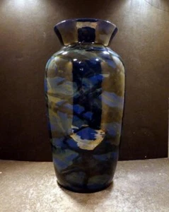 Peters And Reed Pottery Marbleized Blue Black Yellow Drip Vase -11 3/4" - MINT - Picture 1 of 7