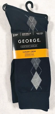 Calcetines George Fashion Crew Para Hombre 2 Pares -Azul Argyle-1/Azul-1 Zapato Talla 6-12 Nuevo Foto 1 de 4