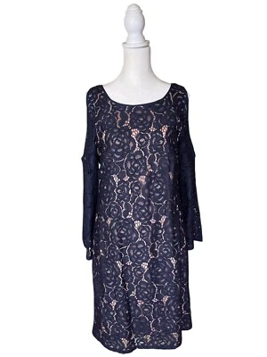 Adrianna Papell Blue Lace Cold Shoulder Shift Party/cocktail Dress Women’s Sz 10 - Image 1 of 4
