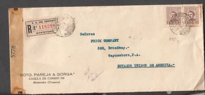 Uruguai Segunda Guerra Mundial censor capa selo de cera Montevidéu para Waynesboro PA via NY - Imagem 1 de 2