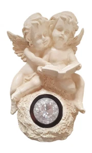 Solar Powered Figurine With Two Angels READING (LIGHTS UP) - Picture 1 of 5