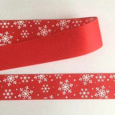Snowflake Christmas ribbon 25mm wide in red - packs of 2m 3m 5m 10m 20m - Image 1 of 2