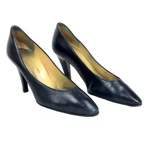 Charles Jourdan High Kitten Heel Pump Dark Blue Leather Point Toe Size 5 Paris - Picture 1 of 10