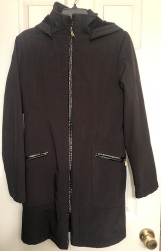 MICHAEL KORS Black Hooded Zip Front Rain Coat Jacket Size S Fleece Lined